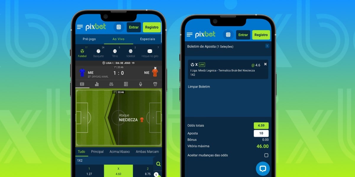 Imagem mostra smartphones abertos na página de aposta da Pixbet