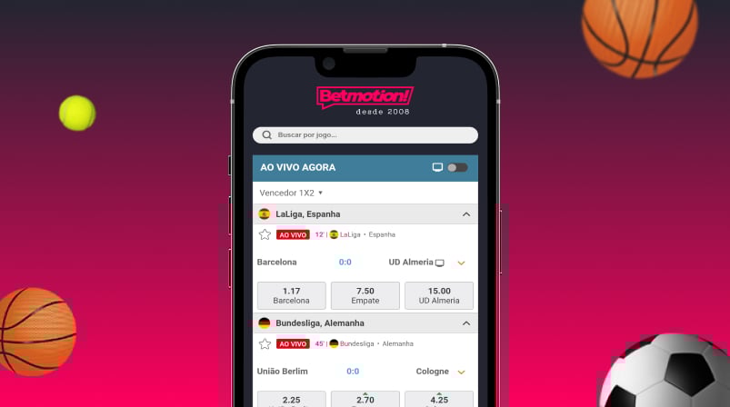 Imagem mostra smartphone aberto na página de apostas ao vivo da Betmotion