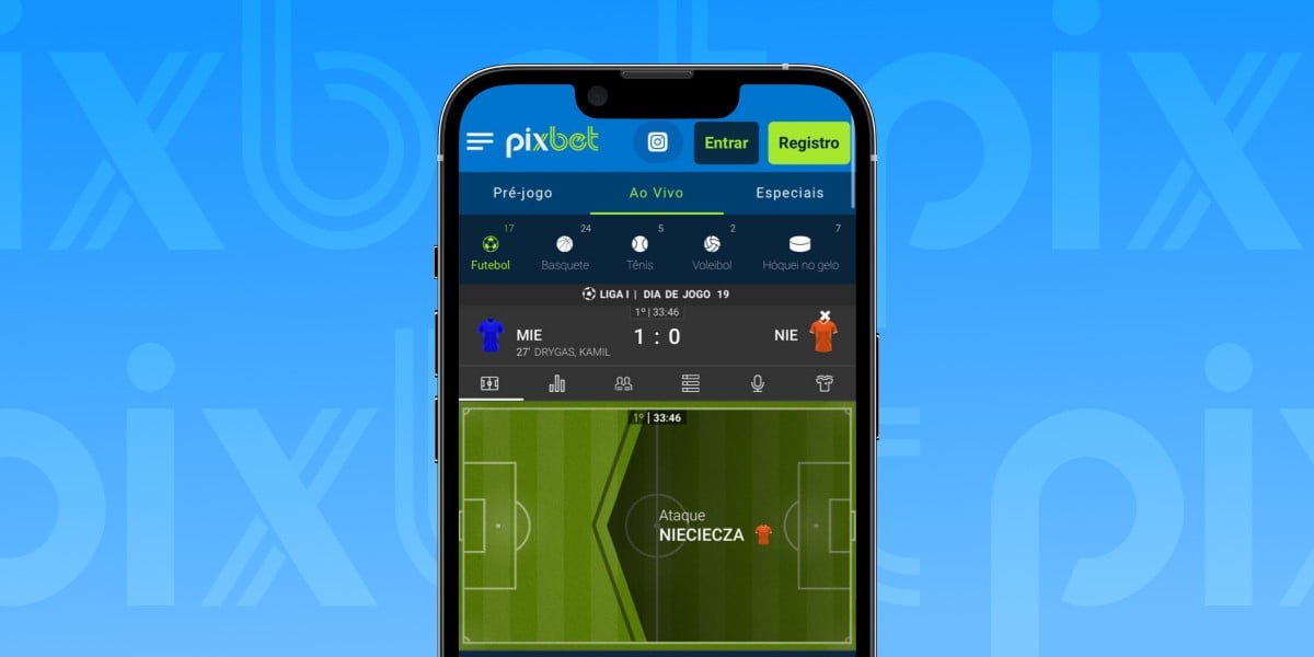 Imagem mostra smartphone aberto na página de apostas ao vivo da Pixbet