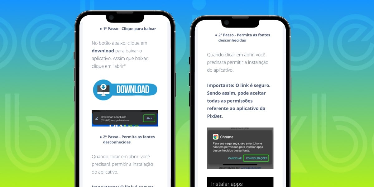 Imagem mostra smartphones abertos na página de download da Pixbet