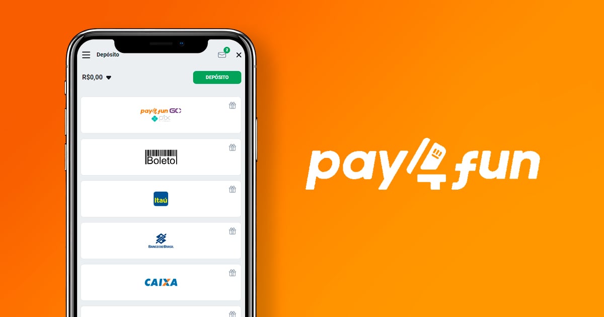 Imagem mostra smartphone aberto na página de depósito ao lado da logomarca da Pay4Fun