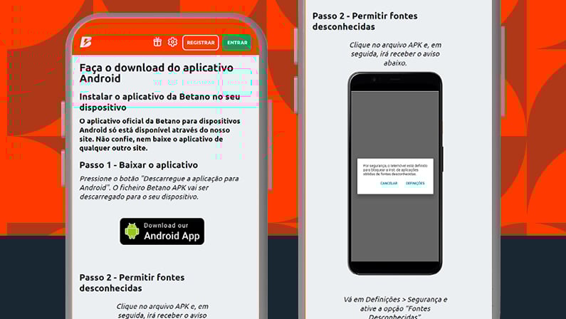 Imagem mostra smartphones abertos na página de download do app da Betano