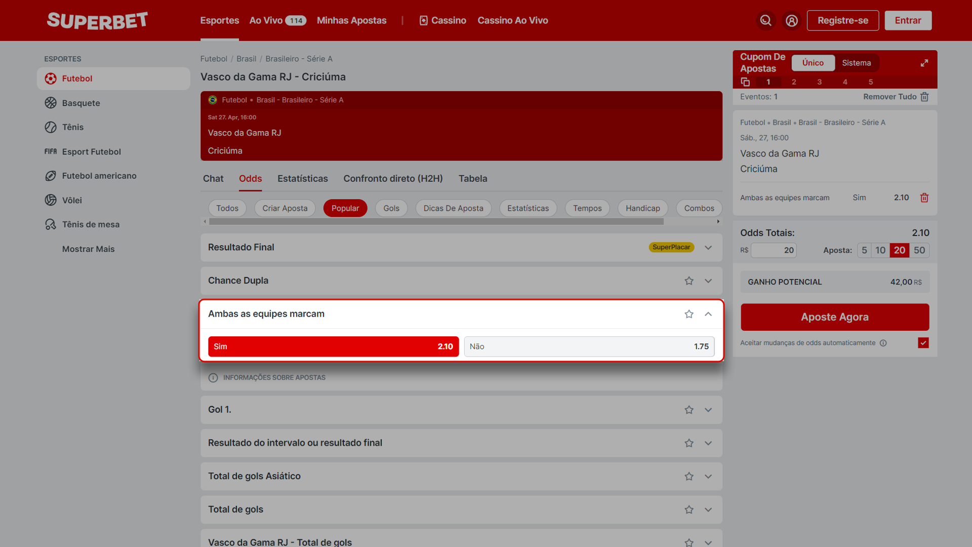 Captura de tela mostra mercado de ambas marcam da Superbet
