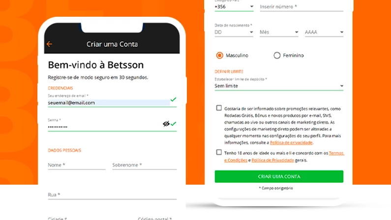 Imagem mostra smartphones abertos na página de cadastro da Betsson