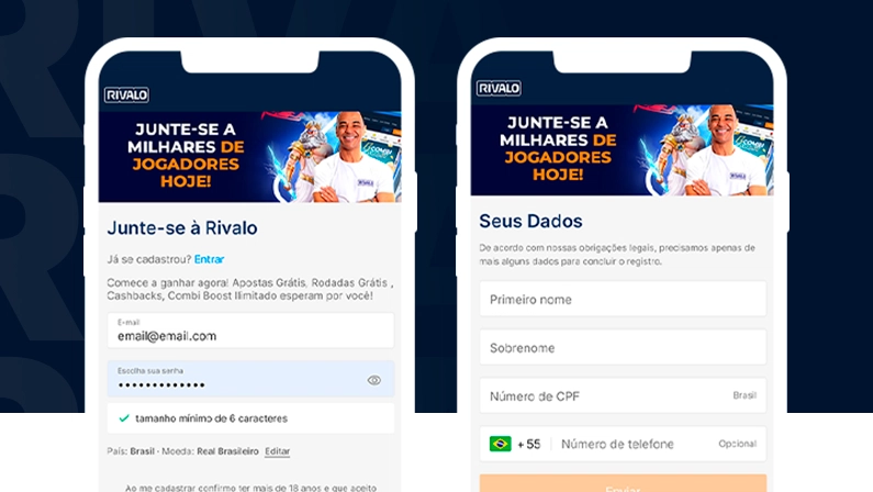Imagem mostra smartphones abertos na página de cadastro da Rivalo