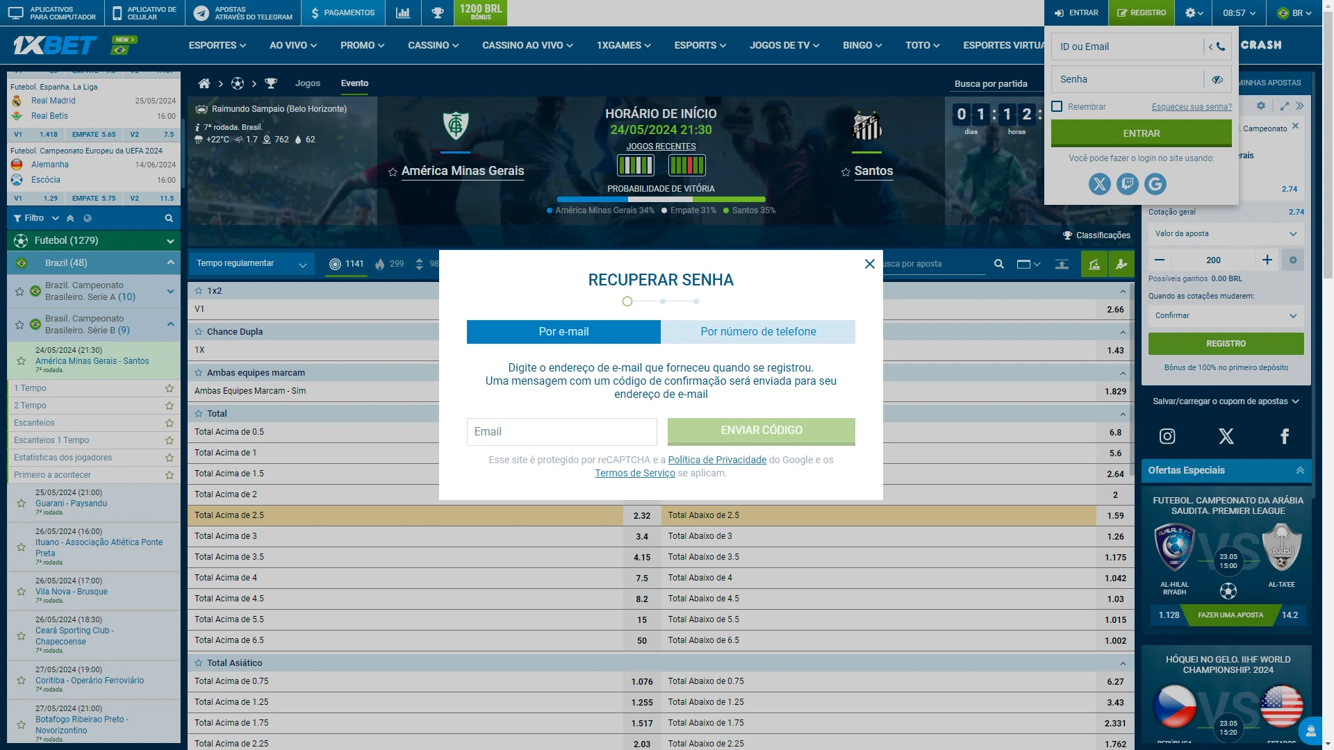 Print mostra página de recuperar conta da 1xBet
