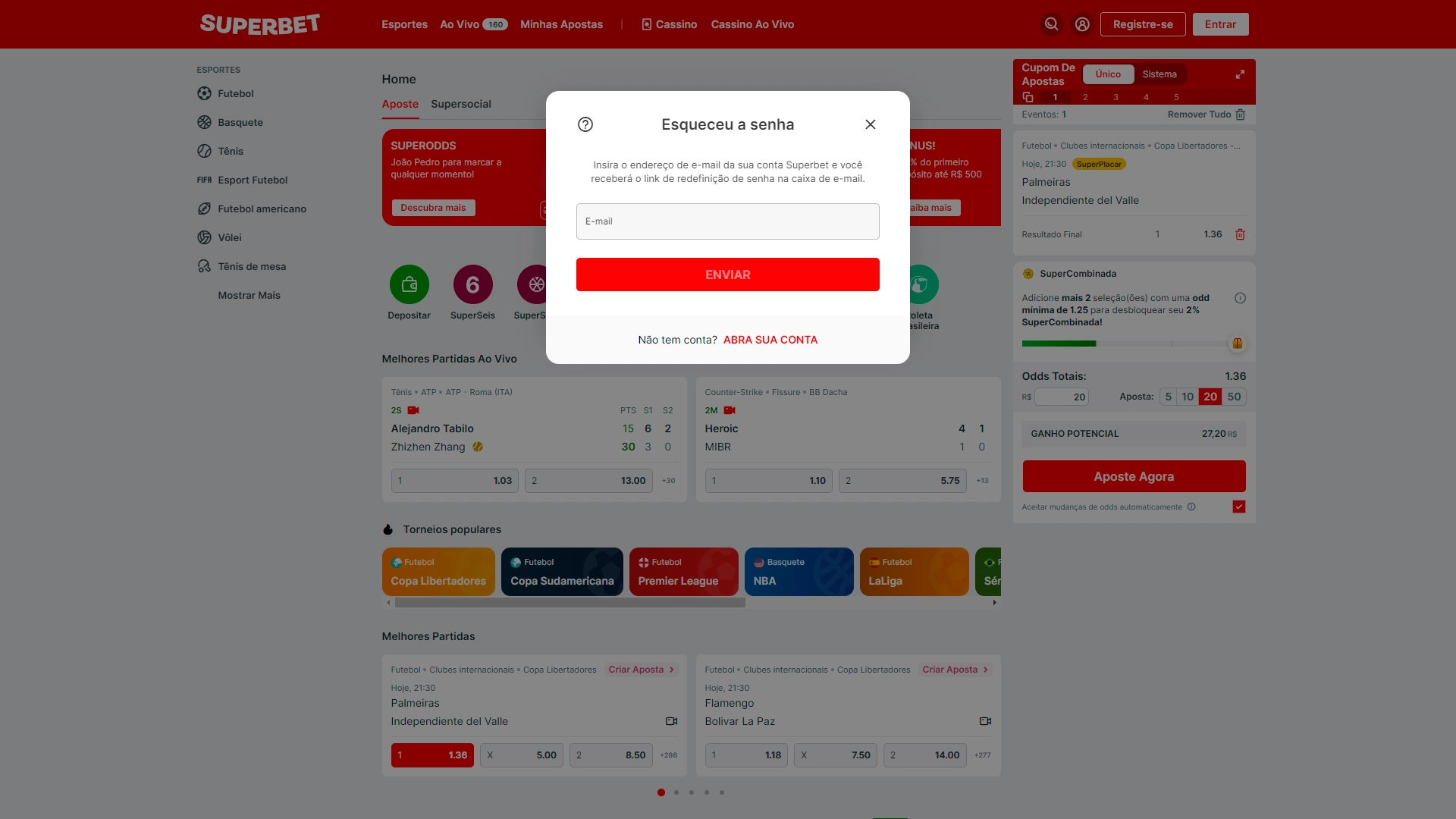 Print mostra página de recuperar conta da Superbet