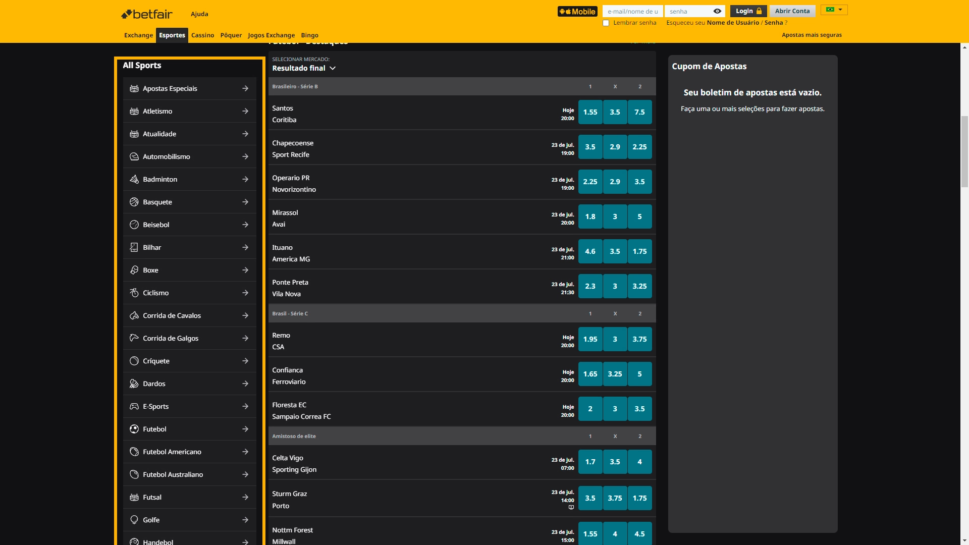 Imagem mostra print da página de variedades de esportes da Betfair