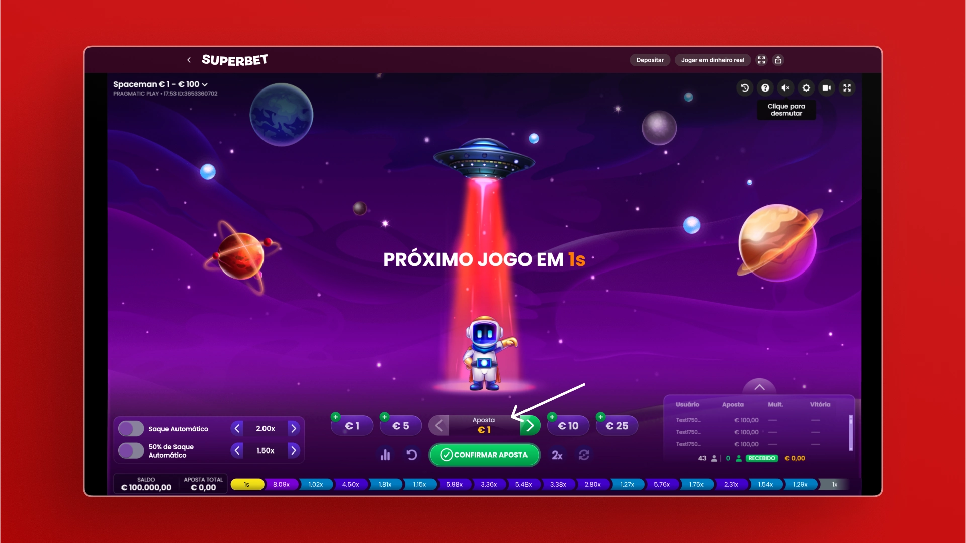 imagem Escolha o Valor da Aposta Spaceman superbet