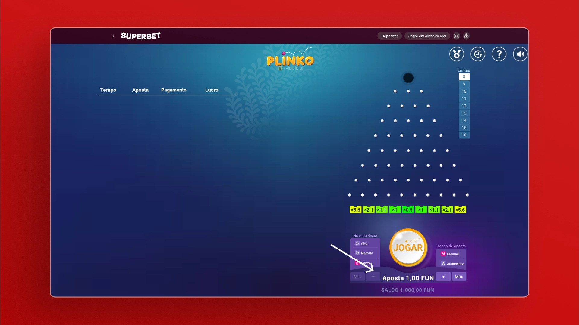 imagem Escolha o Valor da Aposta plinko superbet