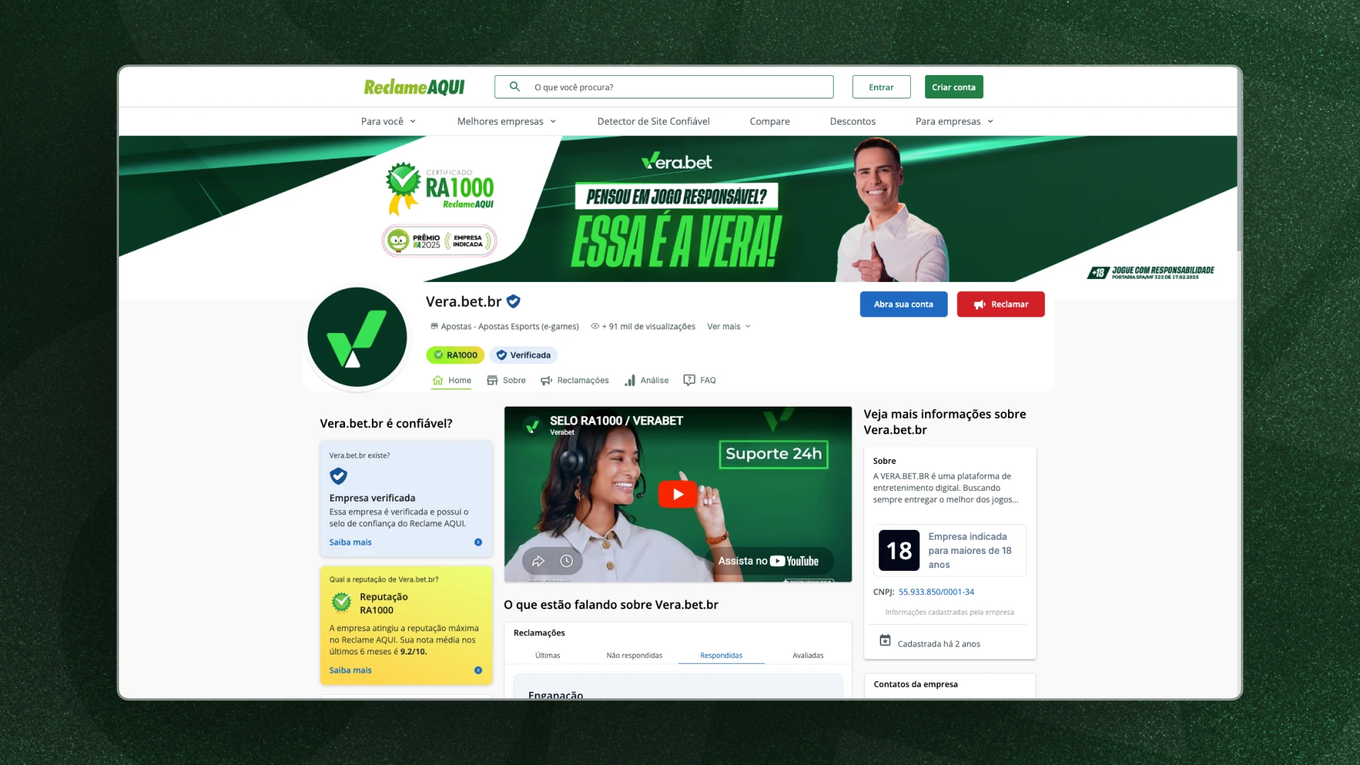 imagem Reclame Aqui da Verabet