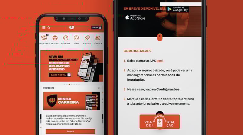 Imagem mostra smartphone abertos nas páginas de download do app da Betwarrior