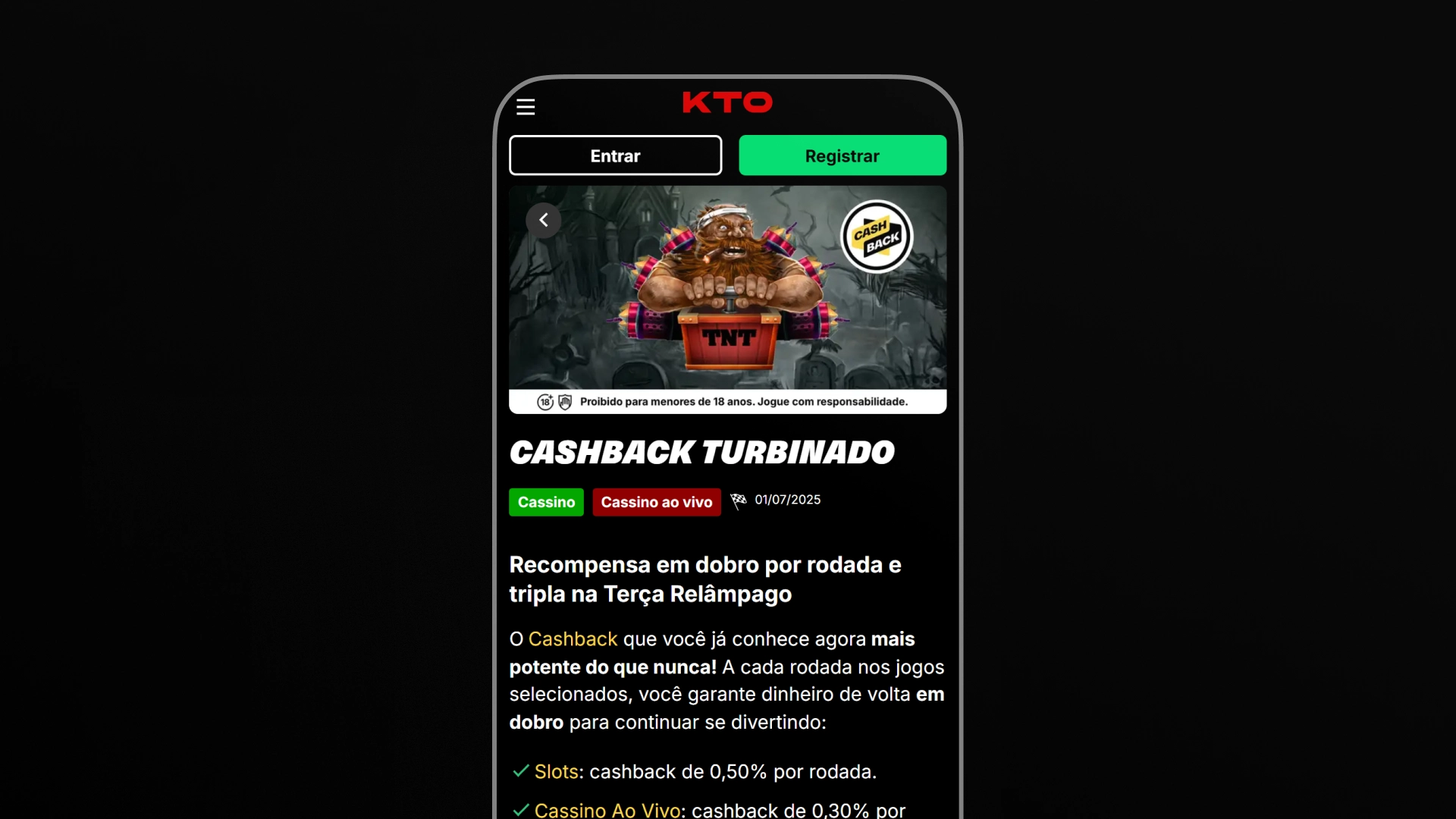 imagem bonus Cashback em Cassinos KTO