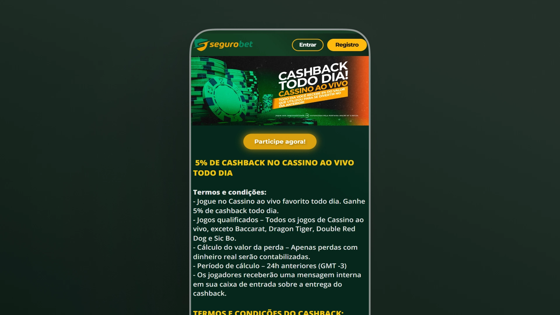 imagem captura Cashback Diário no Cassino ao Vivo segurobet
