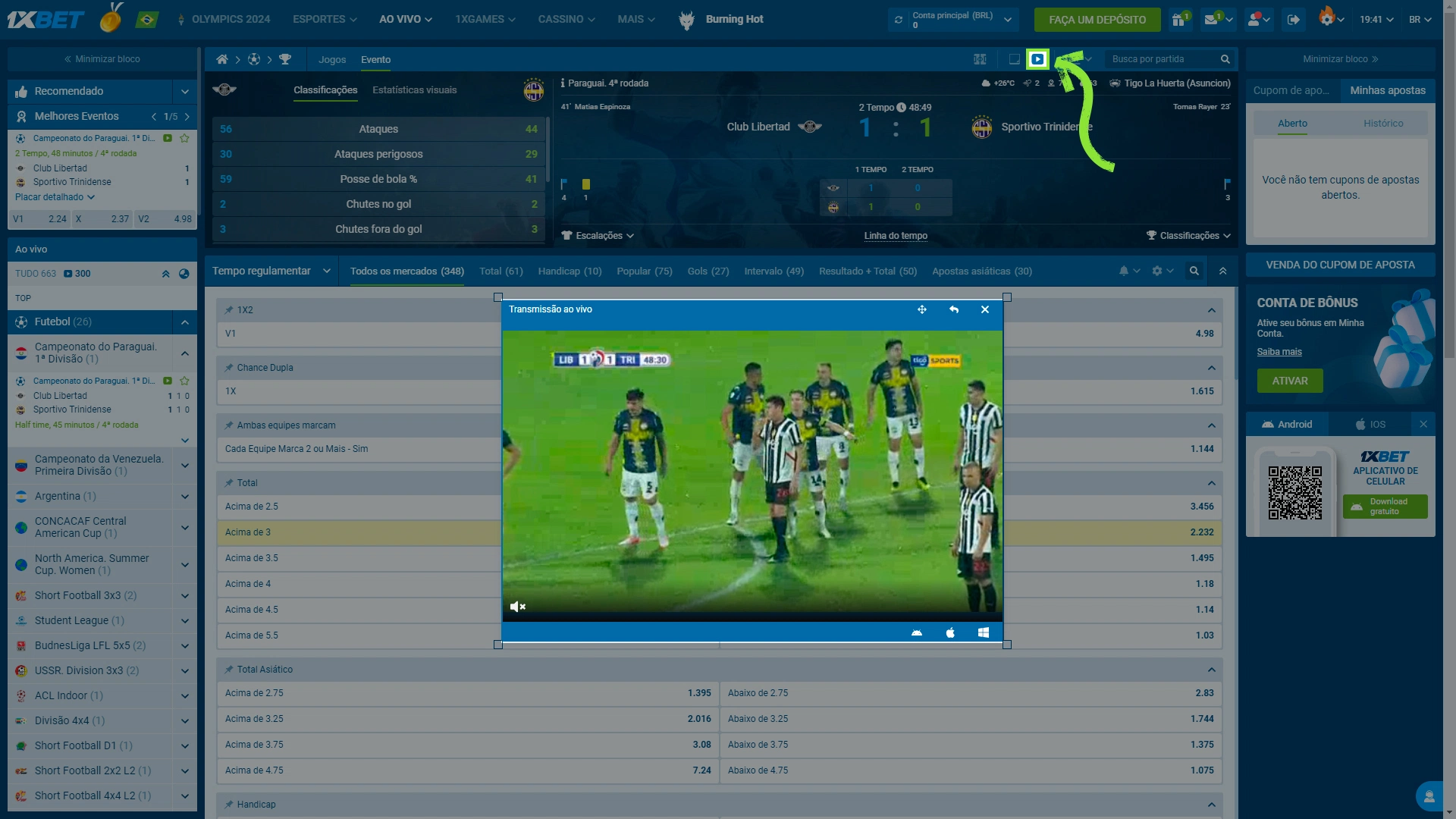 Print mostra página de jogos ao vivo da Estrela Bet