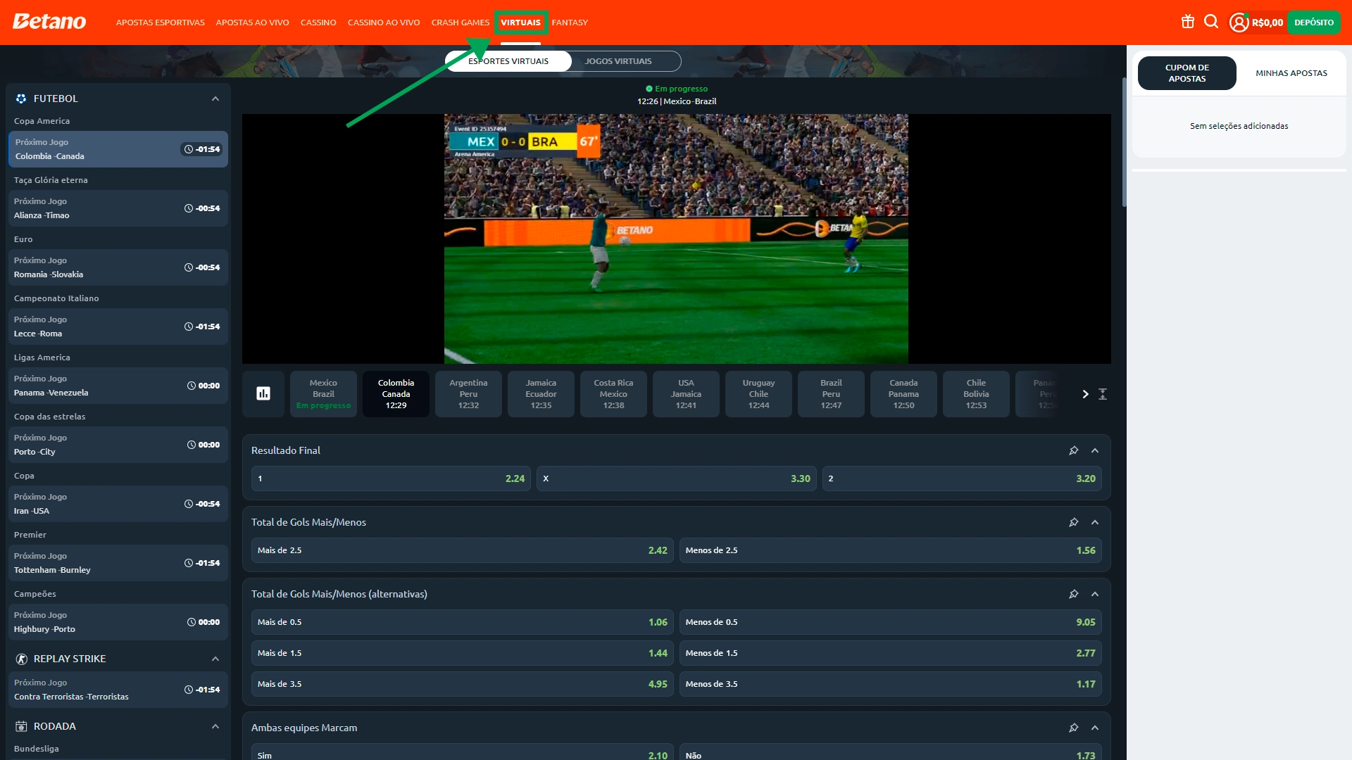 Print mostra página de esportes virtuais da Betano