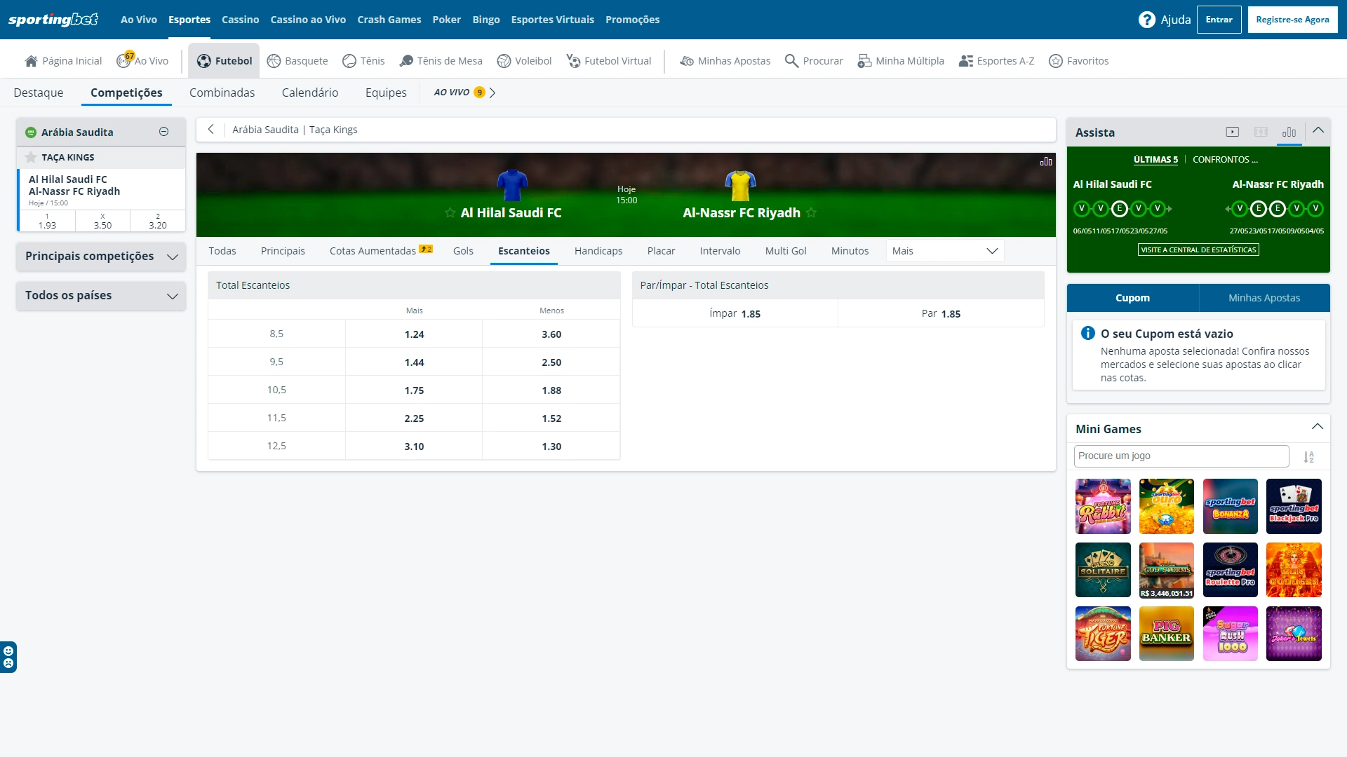 Print mostra página de apostas em escanteios da Sportingbet