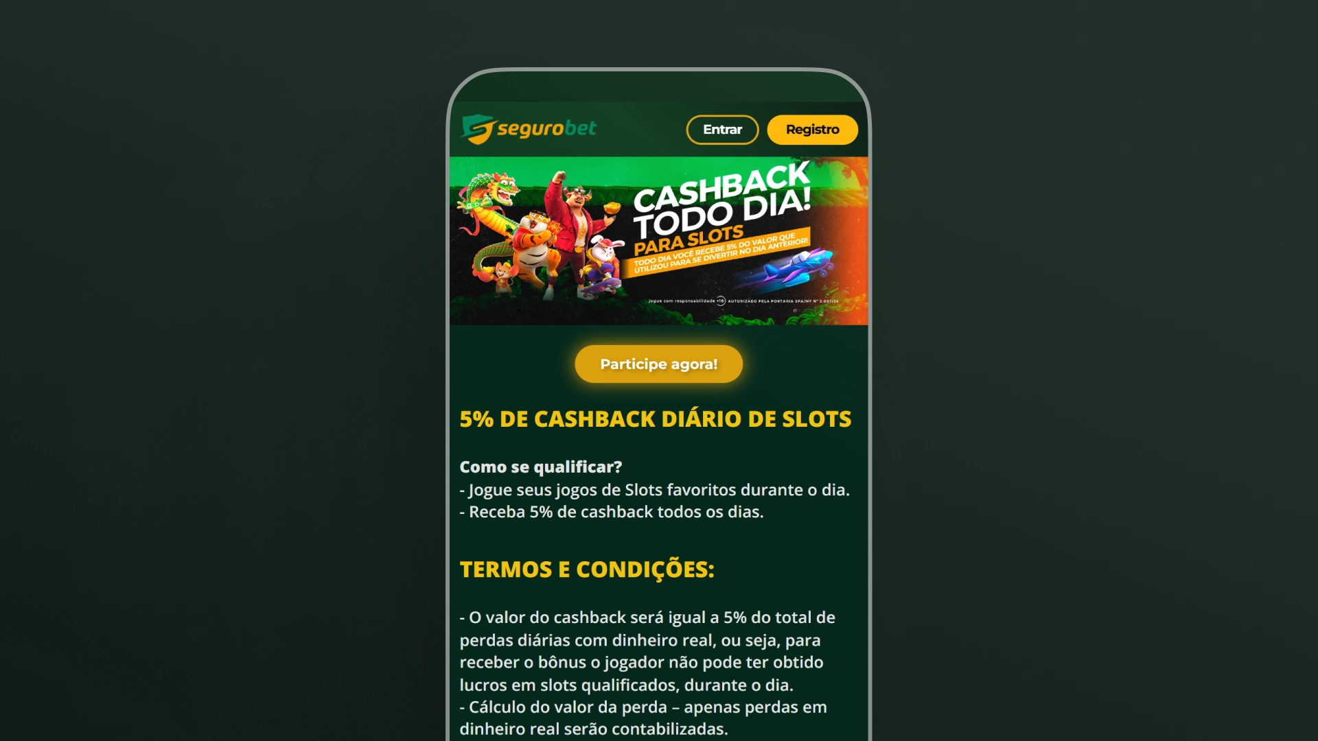 imagem captura promoçoes cassino Cashback Diário segurobet