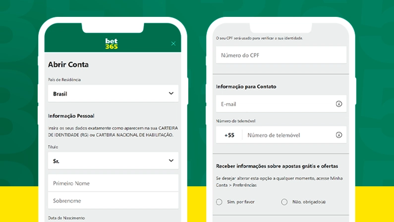 Imagem mostra smartphones abertos na página de cadastro da Bet365