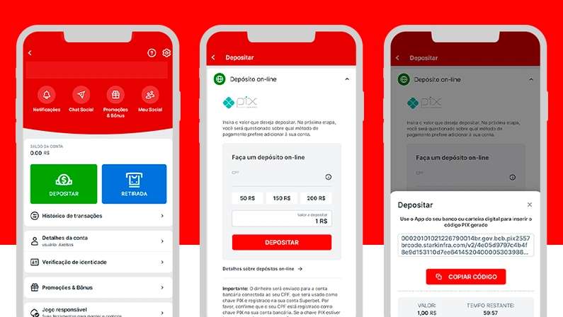 Imagem mostra smartphones abertos na página de depósito via PIX