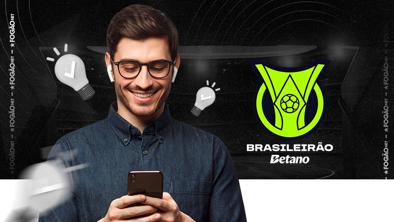 Imagem mostra homem sorrindo ao utilizar um smartphone ao lado da logomarca do Brasileirão