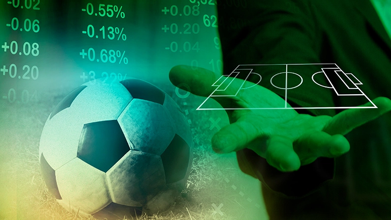 Imagem mostra bola de futebol. Ao fundo, números com porcentagem.