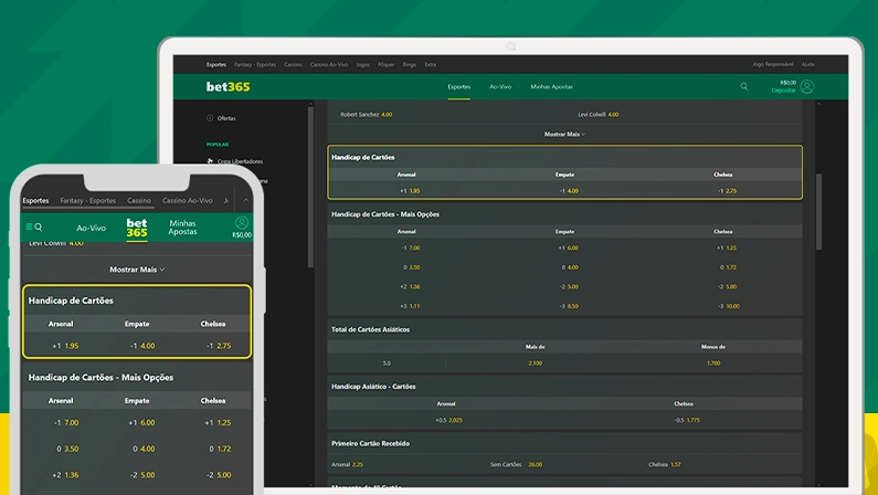 Imagem mostra notebook e smartphone abertos na página de apostas em handicap da bet365