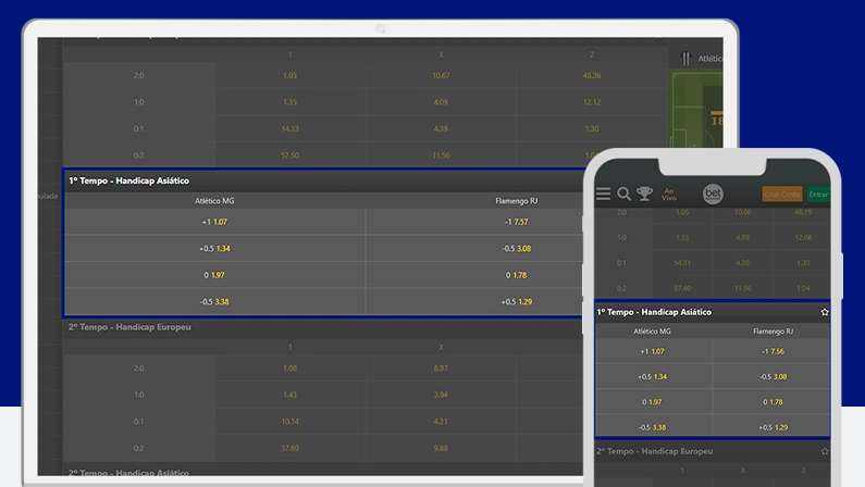 Imagem mostra notebook e smartphone abertos na página de aposta em handicap de resultado priimeiro tempo da Bet7k