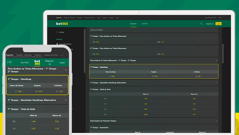 Imagem mostra notebook e smartphone abertos na página de apostas em handicap da bet365