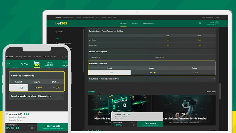 Imagem mostra notebook e smartphone abertos na página de apostas em handicap da bet365