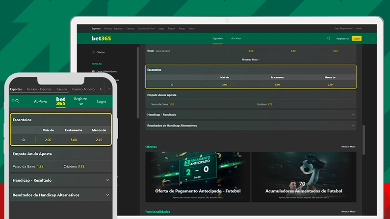 Imagem mostra notebook e smartphone abertos na página de apostas em handicap da bet365