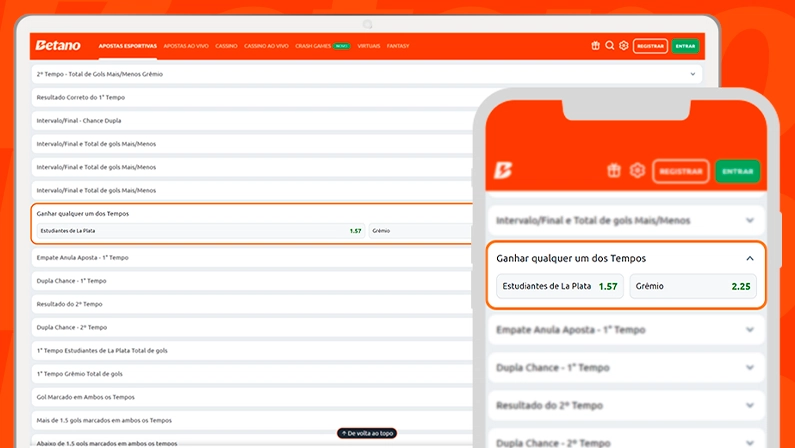 Imagem mostra notebook e smartphone abertos na página de apostas da Betano
