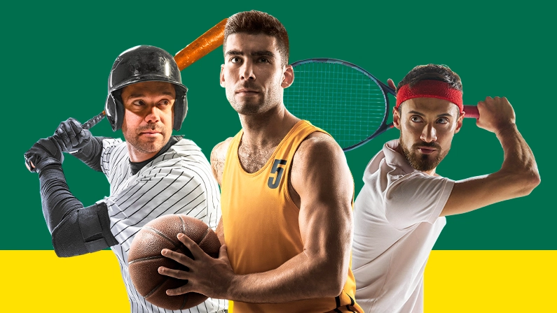 Imagem mostra jogadores de beisebol, basquete e tênis