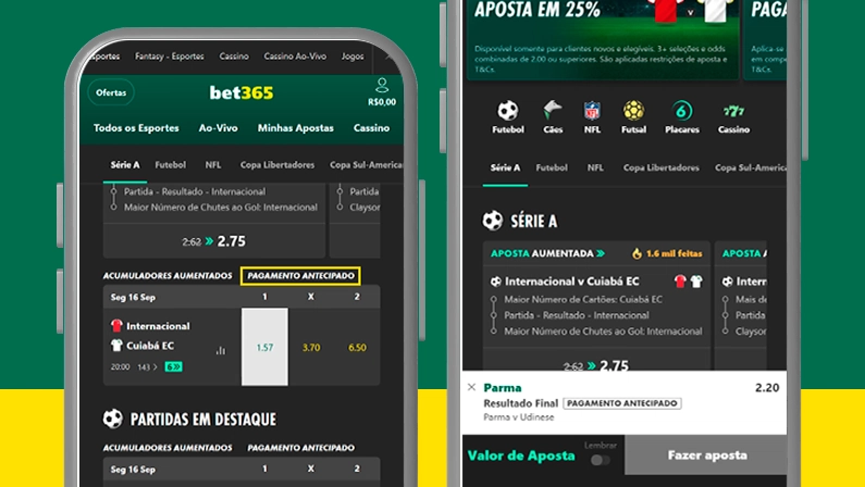 Imagem mostra celulares abertos na página de apostas com pagamento antecipado da Bet365
