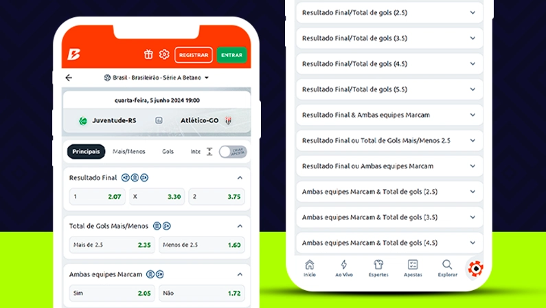 Imagem mostra smartphones abertos na página de principais mercados da Betano