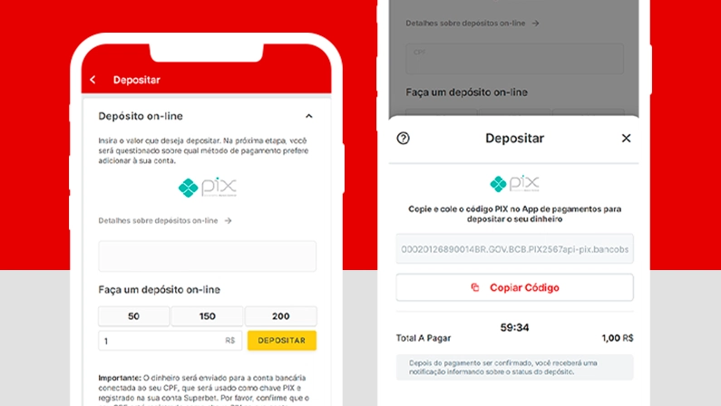 Imagem mostra smartphones abertos na página de de pagamento da Superbet
