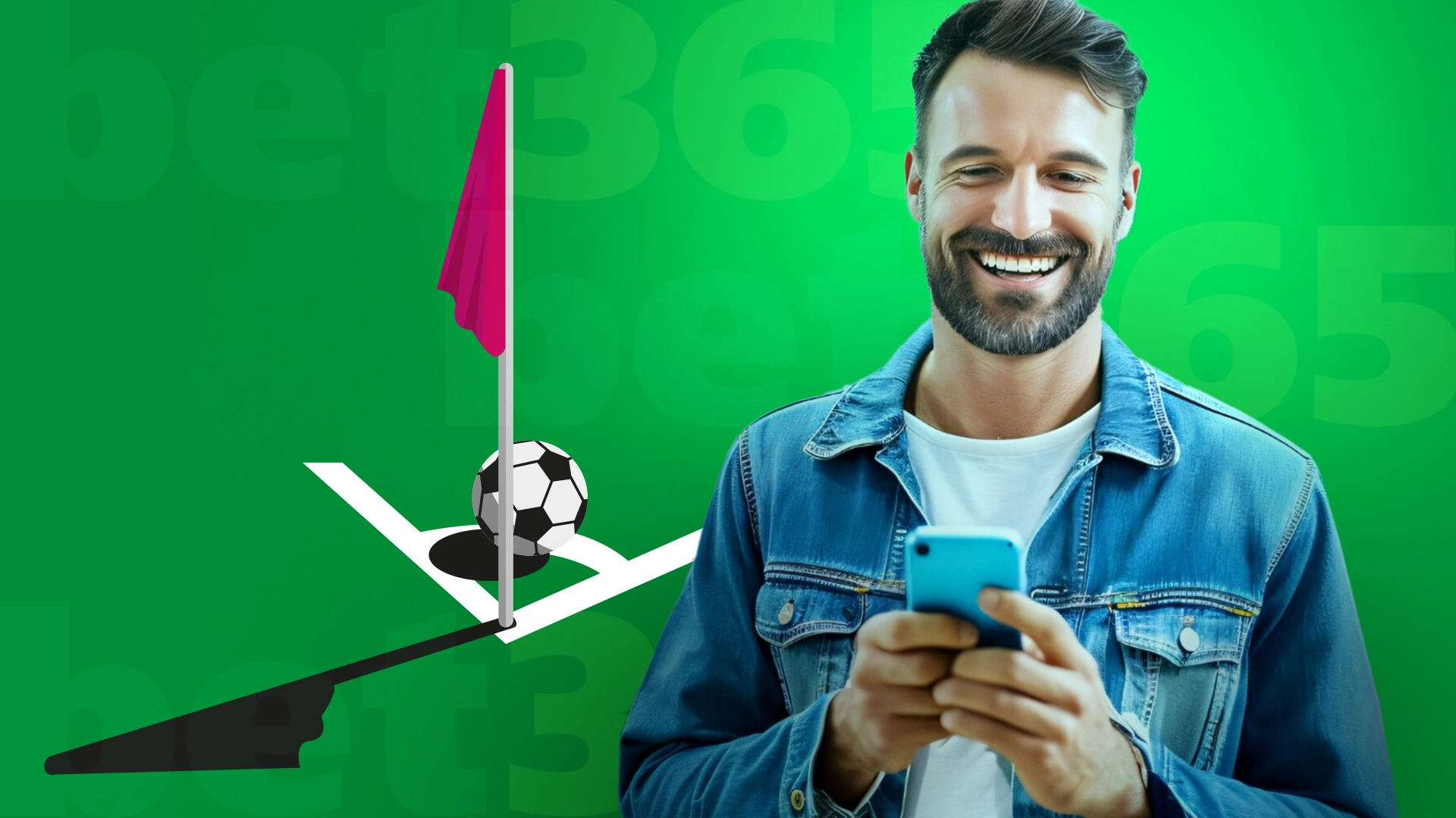 Imagem mostra homem sorrindo ao utilizar um celular e, ao lado, uma marcação de escanteio