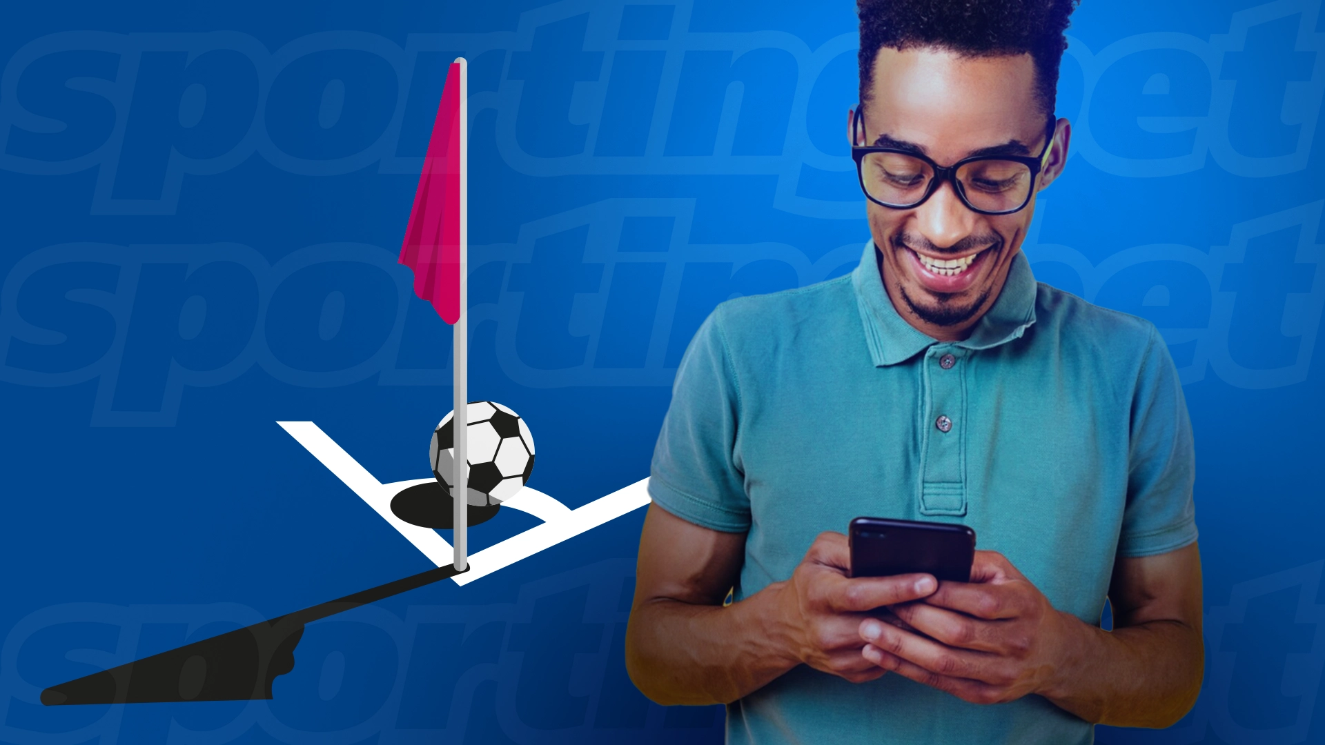 Imagem mostra homem sorrindo ao utilizar um celular e, ao lado, uma marcação de escanteio