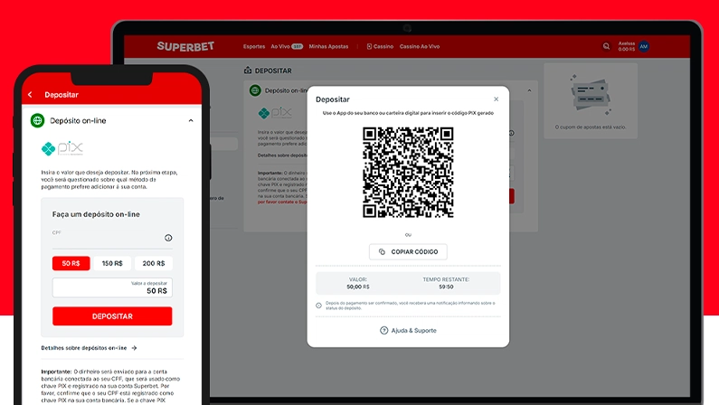 Imagem mostra notebook e celular aberto na página de apostas da Superbet