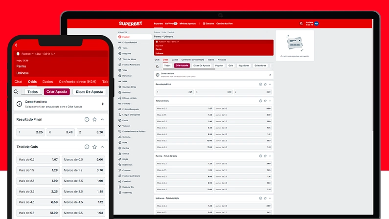 Imagem mostra notebook e celular aberto na página de apostas da Superbet