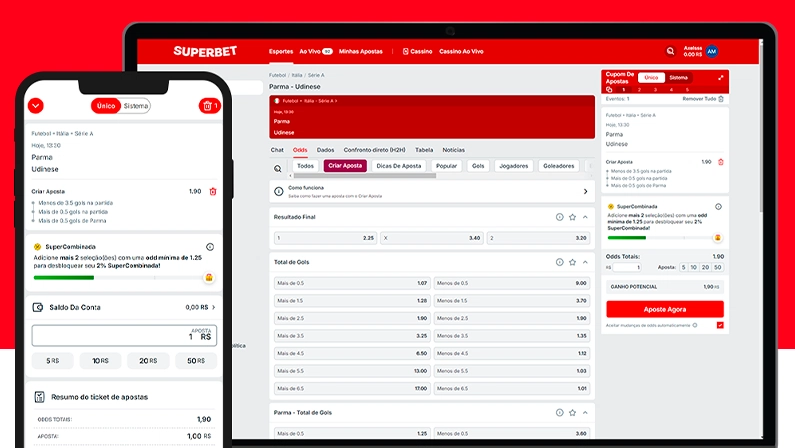 Imagem mostra notebook e celular aberto na página de apostas da Superbet