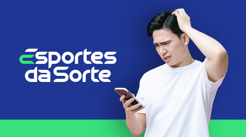 Imagem mostra homem pensativo ao utilizar um celular ao lado da Esportes da Sorte