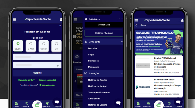 Imagem mostra três celulares abertos na página de saque da Esportes da Sorte