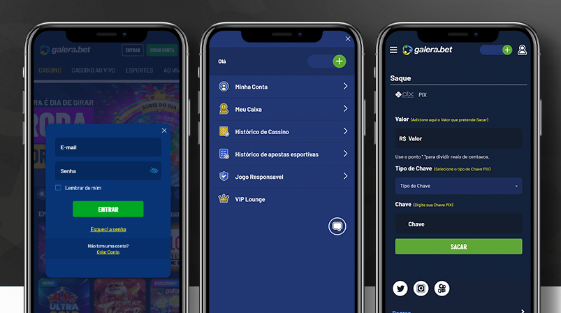Imagem mostra smartphones abertos na página de saque da Galera Bet
