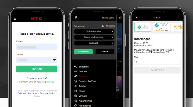 Imagem mostra smartphones abertos na página de saque da KTO