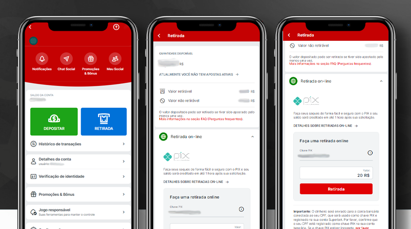 Imagem mostra smartphones abertos na página de saque da Superbet