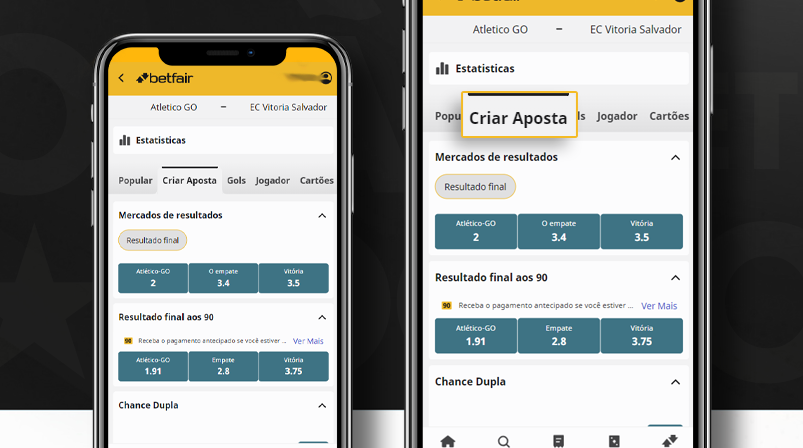 Imagem mostra celulares abertos na página de apostass da Betfair
