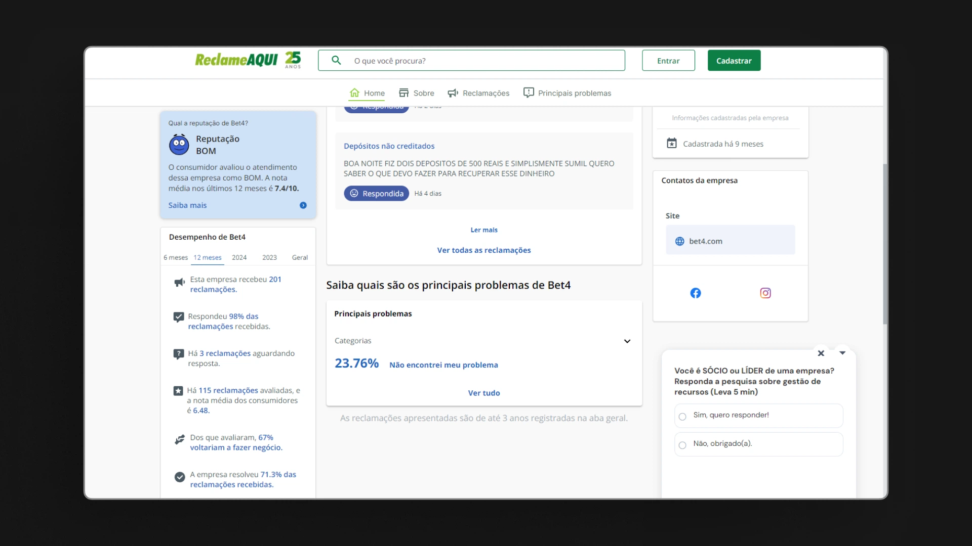 imagem reclame aqui bet4