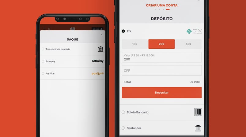 Imagem mostra smartphone abertos nas páginas de saques e depósitos da Betwarrior
