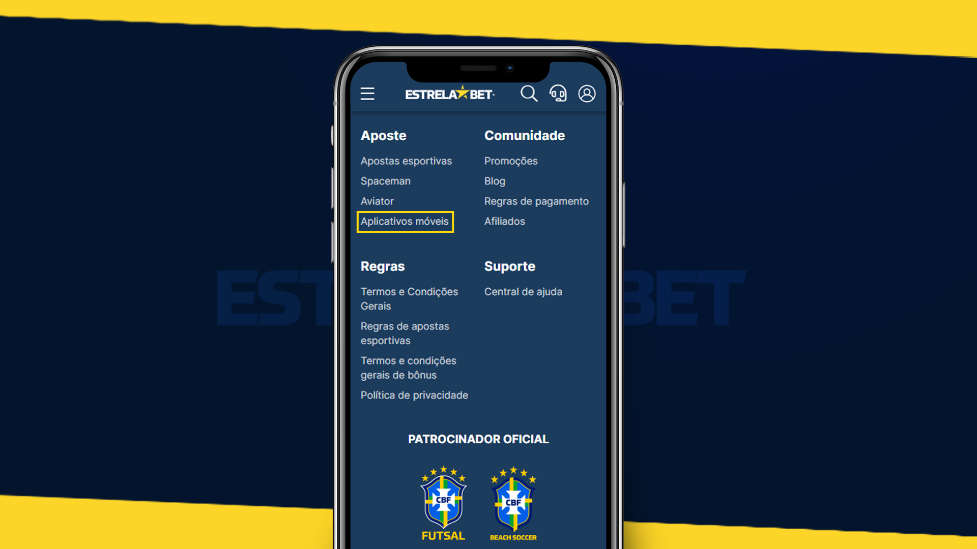 Imagem mostra smartphone aberto na página de download da Estrela Bet